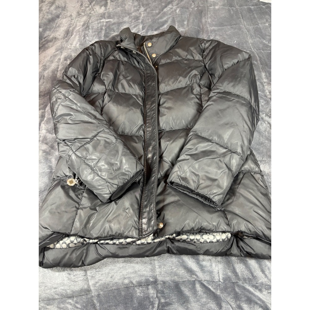 Coach Puffer Jacket Down Fill Black Leather Trim Quilted Women's‎ Size L